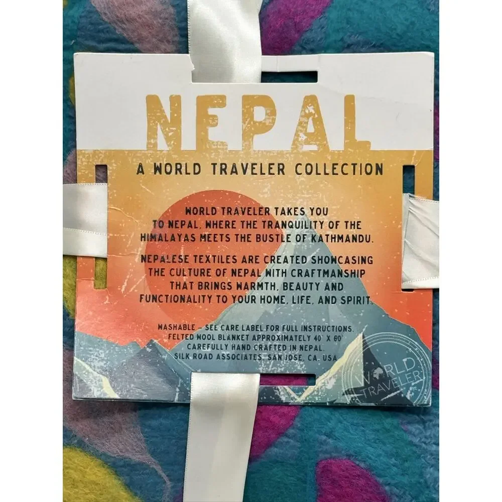 World Traveler Collection Felted Wool Blanket 40x60 Teal Pink Yellow Leaf Nepal
